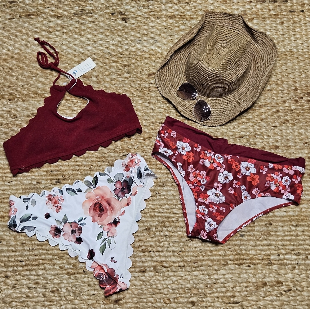 NWT Beachissi 3-Piece White, Maroon & Pink Floral Bikini Bathing Suit - Sz XL